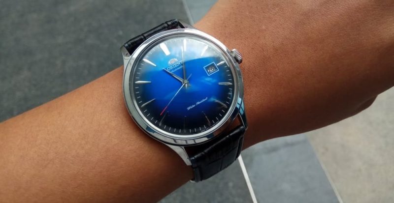 Orient Bambino V4 Blue dial on wrist.
